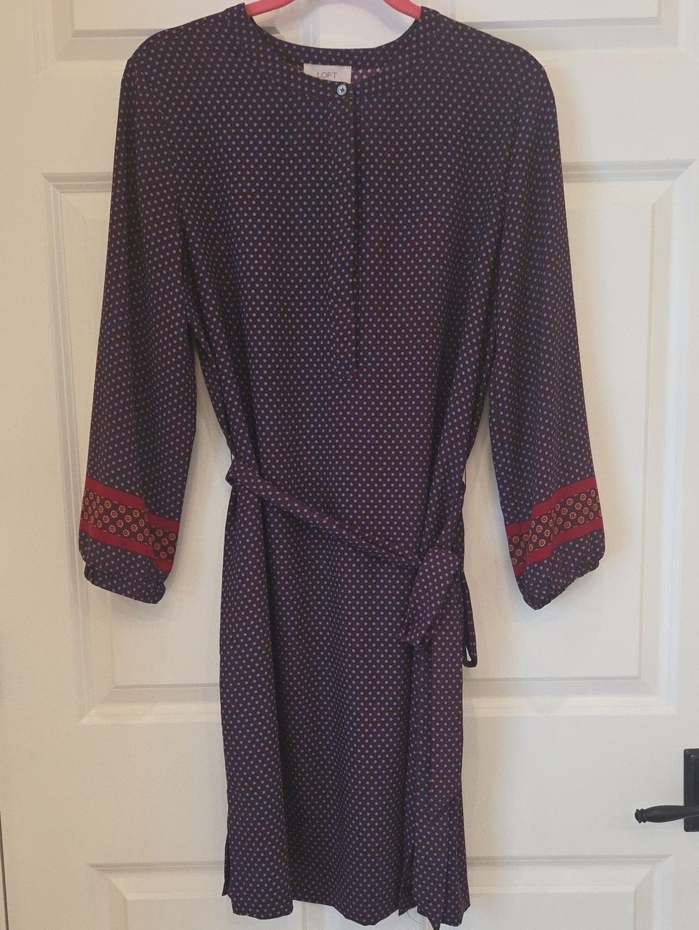 LOFT Navy Polka Dot Long-Sleeve Tie-Waist Dress with Red Cuff Trim